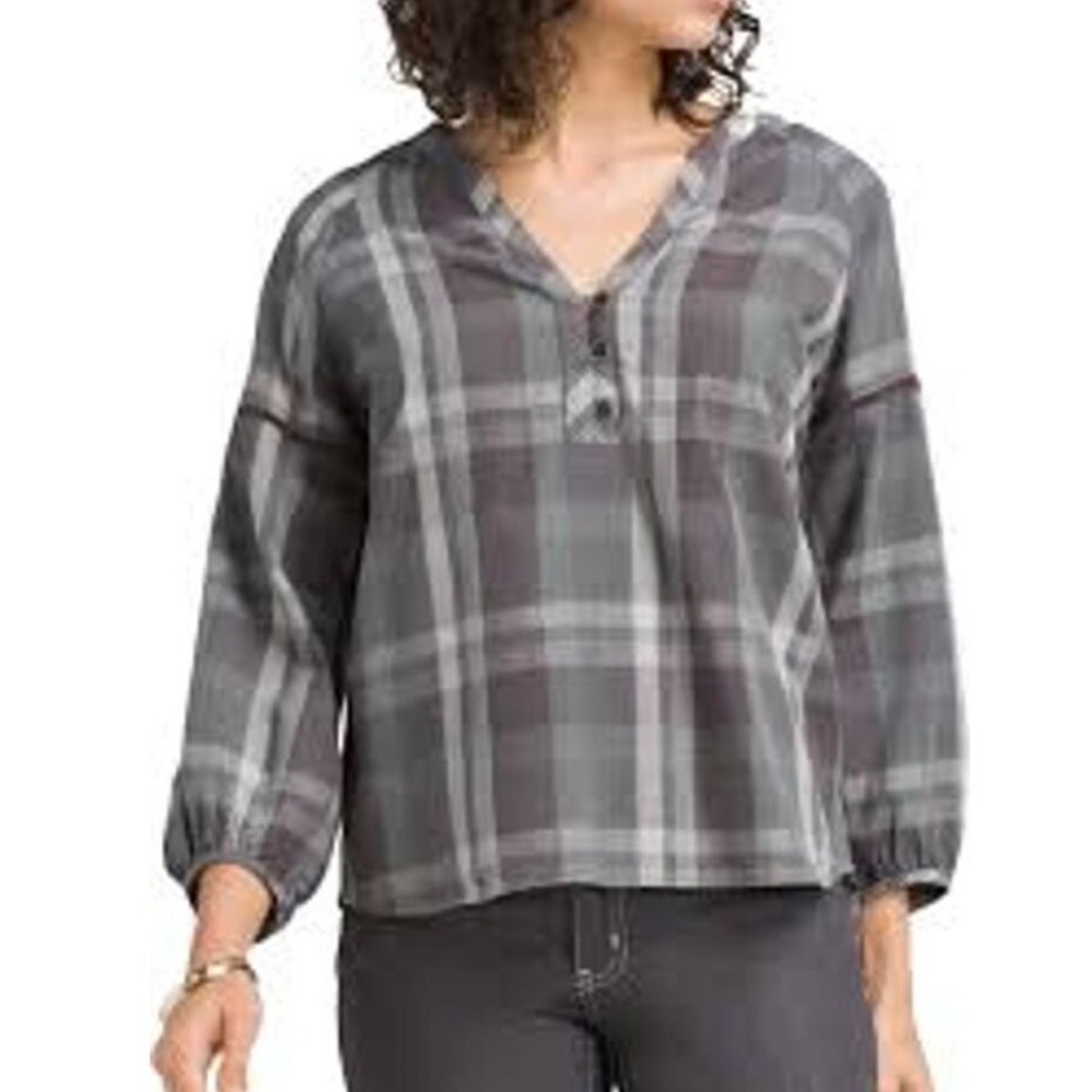 PrAna Elena Top Shirt Womens Gravel Gray Plaid Size Large